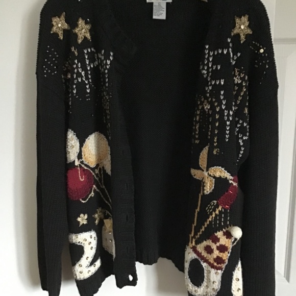 Vintage Y2K Paul Harris Design Black Sweater Cardigan Happy New Year 2000 Size L - Picture 2 of 8